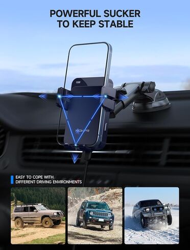 شاحن السيارات اللاسلكي MOKPR ، 15W Auto Clamping Car Charger Dash Air Vent Holder Air Phone Moster مع iPhone 16 15 14/13/13 Pro/12 Pro/12/11/X/8 ، Samsung S24/S23/S22 in Kuwait