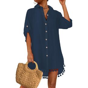 Eddoyee Womens Beach Swimsuit Cover Ups Button Down Bathing Suit Shirt Pleated Bikini Swimwear Top in Kuwait