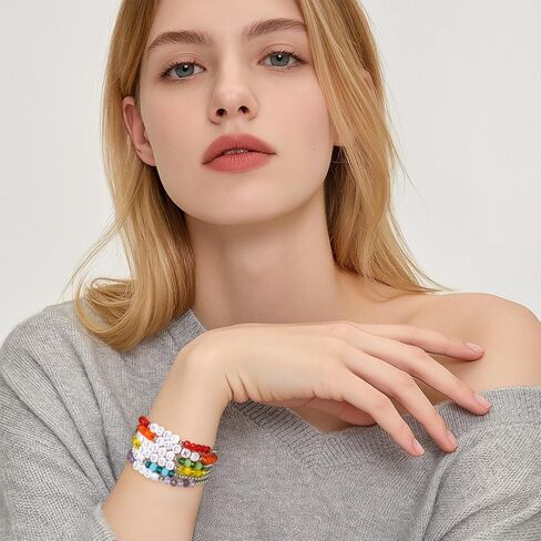 Miss Rabbit Colorful Beaded Bracelets Set for Women Stackable Glass Beads Stretch Bracelets Clay Preppy Bracelets Heart Beads Friendship Bracelets Team Cheer Bulk Boho Summer Beach Jewelry Gift in Kuwait