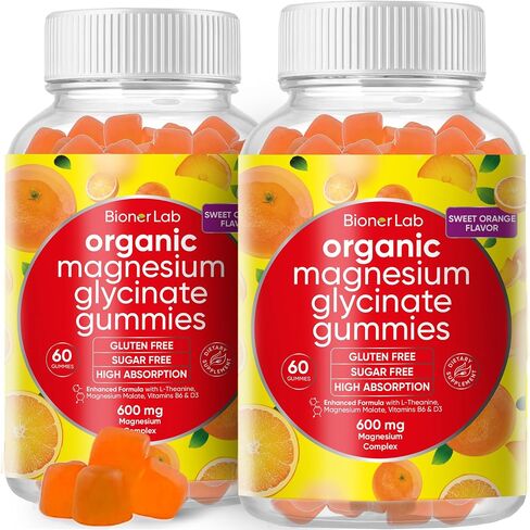 Magnesium Glycinate Chewable Gummies (600mg) for Kids & Adults Women Men - Vegan Complex with Calcium Potassium Vitamin D B6 L-Theanine - Sugar & Gluten Free - Orange Flavor in Saudi Arabia