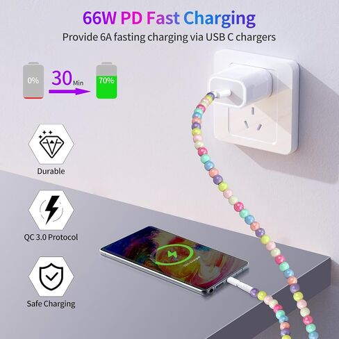 AOLCEV USB C CABLE 66W FAST USB A TO USB C شحن كابل 6.6 قدمًا/2M لطيفًا للاشتراك الخاص بشاحن iPhone Pearl USB CORR in Kuwait