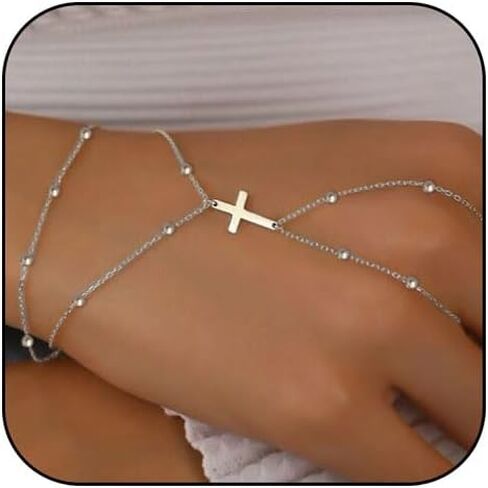 Ring Bracelet Hand Chain for Women Cross Hand Bracelet With Finger Ring Silver Gold Jewelry Gift in Kuwait