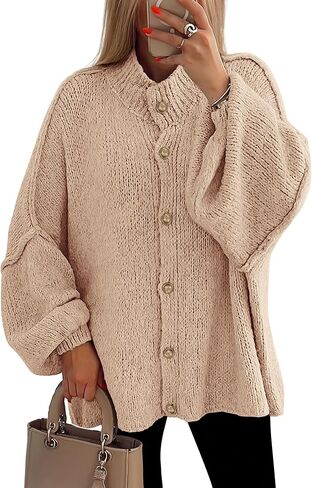 PRETTYGARDEN Women's Winter Button Down Cardigan Sweaters Mock Neck Lantern Long Sleeve Chunky Knit Jacket Trendy Outerwear in Kuwait