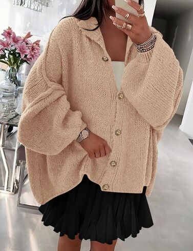 PRETTYGARDEN Women's Winter Button Down Cardigan Sweaters Mock Neck Lantern Long Sleeve Chunky Knit Jacket Trendy Outerwear in Kuwait
