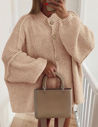PRETTYGARDEN Women's Winter Button Down Cardigan Sweaters Mock Neck Lantern Long Sleeve Chunky Knit Jacket Trendy Outerwear in Kuwait