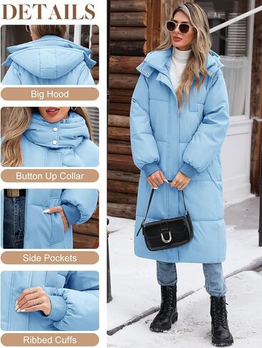 Women's Long Puffer Jacket Winter Thicken Warm Quilted Jacket Coat Fashion Hooded Zip Up Parka Outerwear with Pockets in Kuwait