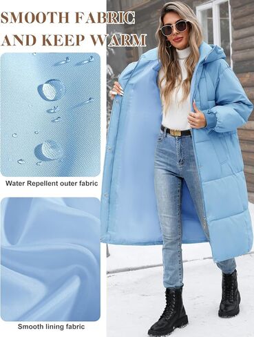 Women's Long Puffer Jacket Winter Thicken Warm Quilted Jacket Coat Fashion Hooded Zip Up Parka Outerwear with Pockets in Kuwait