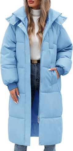 Women's Long Puffer Jacket Winter Thicken Warm Quilted Jacket Coat Fashion Hooded Zip Up Parka Outerwear with Pockets in Kuwait