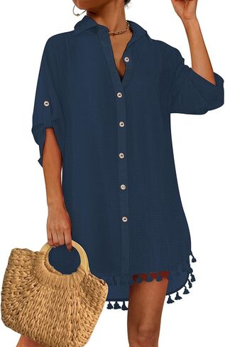 Eddoyee Womens Beach Swimsuit Cover Ups Button Down Bathing Suit Shirt Pleated Bikini Swimwear Top in Kuwait