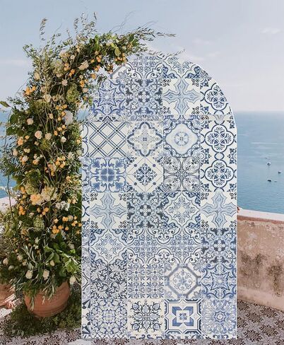 Arch Backdrop Covers Mediterranean Patchwork Tile Theme Arched Background Stand Cover for Birthday Banquet Porcelain Parties Decorations GX04 in Saudi Arabia