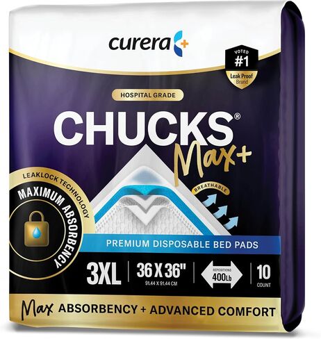 وسادات سرير المستشفى من Chucks MAX للاستعمال مرة واحدة للبالغين، مقاس 36 × 36، وسادات مقاومة للسلس قابلة للتنفس، واقي من الكتان - وسادات تبول كبيرة جدًا جدًا لكبار السن - وسادات سفلية شديدة الامتصاص [4 × 10 عبوات = 40] in Kuwait