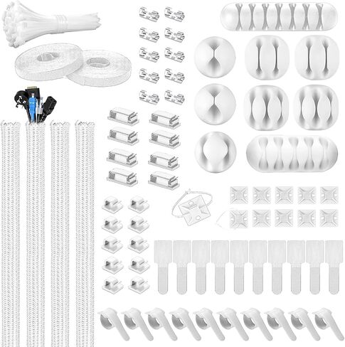 173 PCS Cable Management Kit 4 Cable Sleeve, 28 Self Adhesive Cable Clips, 29 Cord Holders, 10+2 Roll Cable Organizer Straps and 100 Fastening Cable Ties for TV Computer Under Desk (Black) in Saudi Arabia
