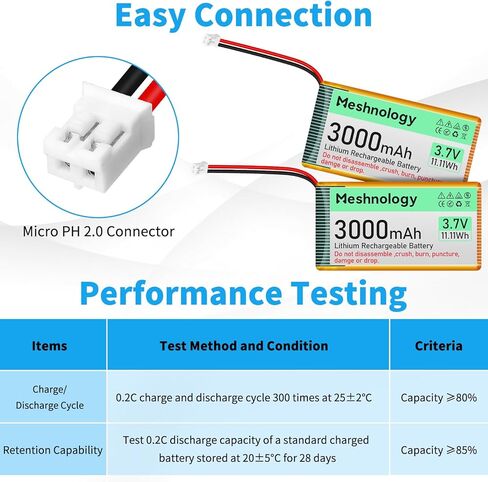 3.7V Lipo Battery 1800mAh 103450 Rechargeable Lithium Polymer Battery with PH2.0 Connector Integrated Protection Circuit for Electronic Device Meshtastic RAK19007 + RAK4631 (2 Pcs) in Kuwait