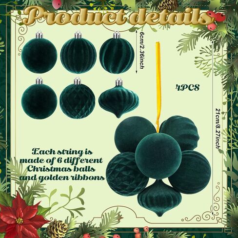 Syhood 4 Sets 24 Pcs Christmas Ball Ornaments for Tree Pre Strung Plastic Xmas Tree Decorations Shatterproof Red White and Green 2.36'' Christmas Balls Christmas Tree Ornaments for Hanging Holiday in Saudi Arabia