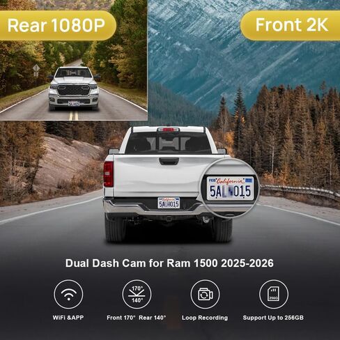 Fitcamx Front 4K+Rear 1080P Dash Cam Adapts for RAM 1500 2025-2026 RHO (HD2-D4120), OEM Factory Look, Dual HD Video, Built-in WiFi & APP, Loop Recording, Gravity Sensor, Easy to Use, 128GB Card in Kuwait