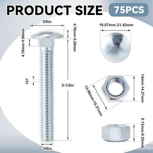 75 Pack 3/8 x 2 1/2" Long Carriage Bolts with Nuts, Galvanized Steel in Kuwait