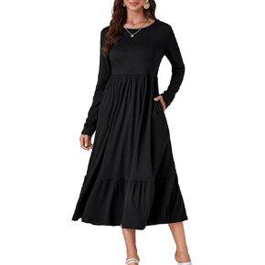 OPOIPIN Women's Long Sleeve Pleated Crewneck Casual Loose Ruffle Trim Swing Midi Dress