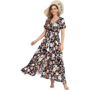 Women's Floral Maxi Dresses Casual Summer Boho Beach Dress Short Sleeve Button Up Split Party Dress