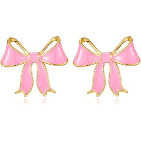 YUJIE Gold Bow Earrings for Women Teen Pink Bowtie Dainty Long Tassel Drop Stud Trendy Statement Jewelry Gift
