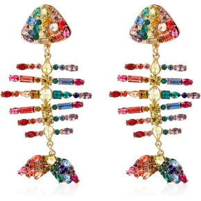 Creative Exaggerated Long Colorful Sparkly Crystal Fish Bone Dangle Drop Earrings Vintage Gold Cute Enamel Diamond Pearl Fish Animal metal Stud Earrings for Women Girls Summer Holiday Jewelry