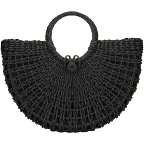Gets Handwoven Rattan Top-handle Bag for Women Bohemian Round Straw Tote Bag Beach Large Carrying Handbag