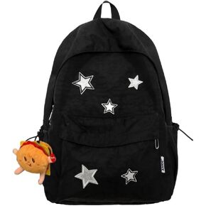 Kawaii Backpack with Cute Accessories - Waterproof Nylon, Multiple Compartments, and External Pockets (Black)