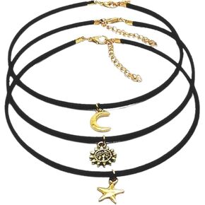 JczR.Y Black Choker Necklaces for Woman Sun Moon Star Necklace Pendant Black Velvet Rope Crescent Horn Shape Choker Necklace Fashion Jewelry in Kuwait