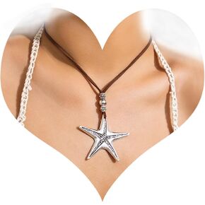 Bohemian Starfish Pendant Choker Necklace Vintage Long Wrap Leather Rope Neck Chain with Large Starfish Pendant Boho Summer Beach Party Collar Neck Jewelry for Women and Girls (Style 2)