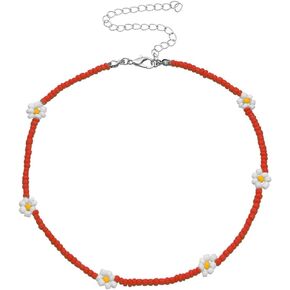 Colorful Sunflowers Beaded Choker Bohemian Daisy Flowers Necklace Handmade Summer Boho Resin Seeds Beads Collar Clavicle Choker Necklaces for Women Girl Vacation Jewelry