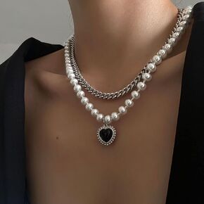 Zeshimb Layered Pearl Choker Necklace Black Crystal Heart Pendant Necklace Faux Pearl Chain Love Heart Necklace Vintage Silver Pearl Collar Necklace Jewelry for Women Girls