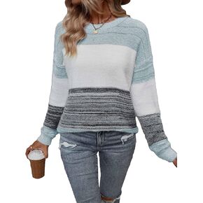 WDIRARA Women's Colorblock Sweater Drop Shoulder Long Sleeve Round Neck Pullovers