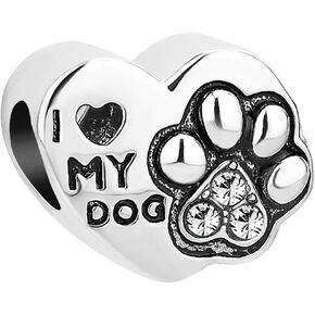 Dog Cat Puppy Kitten Pet Paw Print Love Heart Bead Charm for Bracelets Necklaces Pendants Women Girls Christmas Birthday Mom Dad Sister Family