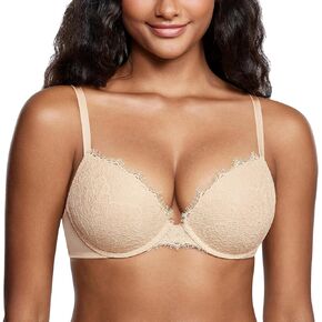 DOBREVA Women's Push Up Bra Lace Full Coverage Plunge Padded Support Underwire Bras Add 1.5 Cup