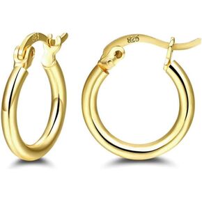 Solid 14k Yellow Gold Plated Pure 925 Sterling Silver Small Trendy Cool Lightweight Little Thin French Lock Hoop Earring for Men Women Cartilage Hypoallergenic Huggie Hoops Earrings