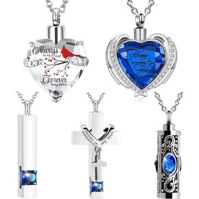 5 Pieces Heart Cross Cubic Urn Necklace for Ashes Family Sharing Cremation Jewelry for Ashes of Loved Ones Keepsake Stainless Steel Locket Ashes Necklace for Women Men with Filling Kit