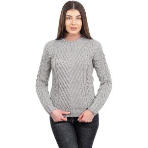 SAOL Irish Aran Sweater for Women -100% Merino Wool - Ribbed Collar and Cable Knit, Fitted Style