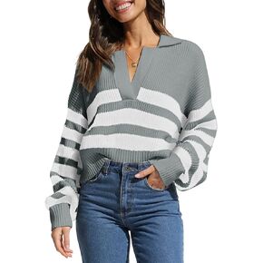 Dokotoo Sweaters for Women V Neck Long Sleeve Color Block Casual Cable Knit Striped Pullover Sweater Tops