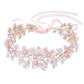 Wedding Headband Bridal Headpiece Flower Design With Genuine Freshwater Pearls And Ribbons Hair Accessories For Bride (Rose Gold)