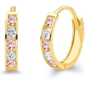 14k Yellow Gold 2mm Thickness CZ Channel Set Hoop Huggie Earrings (10 x 10 mm) - 3 Different Color Available