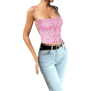 Sexy Backless Crop Top for Women Y2k Floral Sleeveless Strap Spaghetti Camisole Tank Top Cami Streetwear