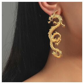 Allereyae Vintage Dragon Drop Earrings Ancient Dragon Dangle Earrings Punk Exaggerated Dragon Earrings Gold Animal Stud Earrings Jewelry for Women and Girls (Gold)