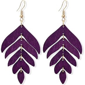 Handmade Lightweight Elegant Wooden Earring for Women - Statement Leaf Drop Dangle Earrings Bohemian Fashion Nature Wood Chain Leaf Earrings for Women Mom Sister Daughter Statement Jewelry Gifts