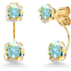 Gem Stone King 14K Yellow Gold Mercury Mist Mystic Topaz Dual Drop 2 Stone Round Earrings for Women (3.10 Cttw, Gemstone Birthstone, Round 6MM and 5MM)