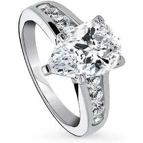 BERRICLE Sterling Silver Solitaire Wedding Engagement Rings 3 Carat Pear Cut Cubic Zirconia CZ Promise Ring for Women, Rhodium Plated Size 4-10