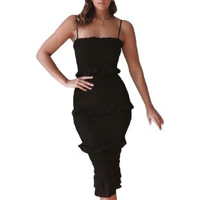 FYEARFOX Women's Sexy Frill Trim Shirred Bodycon Midi Dress Spaghetti Strap Sleeveless Backless Long Dresses