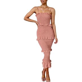 FYEARFOX Women's Sexy Frill Trim Shirred Bodycon Midi Dress Spaghetti Strap Sleeveless Backless Long Dresses in Kuwait