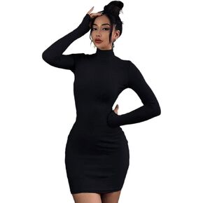 BYDIVA Women‘s Turtleneck Long Sleeve Bodycon Mini Sexy Dress Thumb Hole