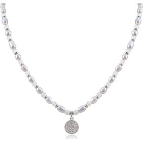 Silver Pearl Necklace for Women with Round Pendant Beaded Choker Necklace with Charm Elegant Grey Baroque Pearl Statement Necklace Trendy Adjustable Summer Party Wedding Jewelry Gift for Girls