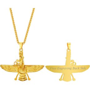 U7 Farvahar Pendant Chain Stainless/Black Gun/18K Gold Plated Symbol Iran Persian Gift Necklace, Customizable
