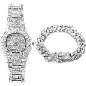 Halukakah Diamond Watch for Men - Stargazer - Unleash The Opulence with 18k Real Gold/Platinum White Gold Plated, 9.5in Wristband,Cuban Link Chain 8"+18" Handset with Full Diamonds,Comes with Giftbox in Kuwait